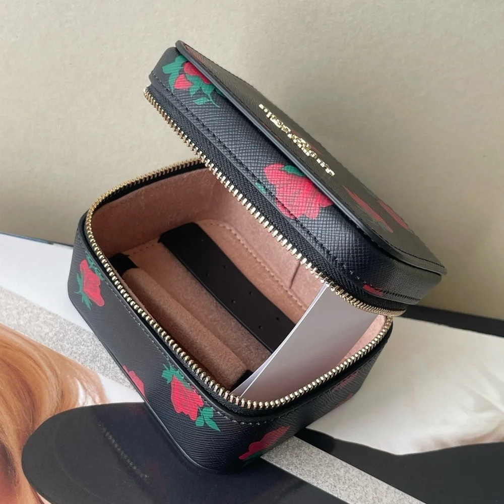 (new+tag) Kate Spade chic black jewelry box with vibrant red floral design